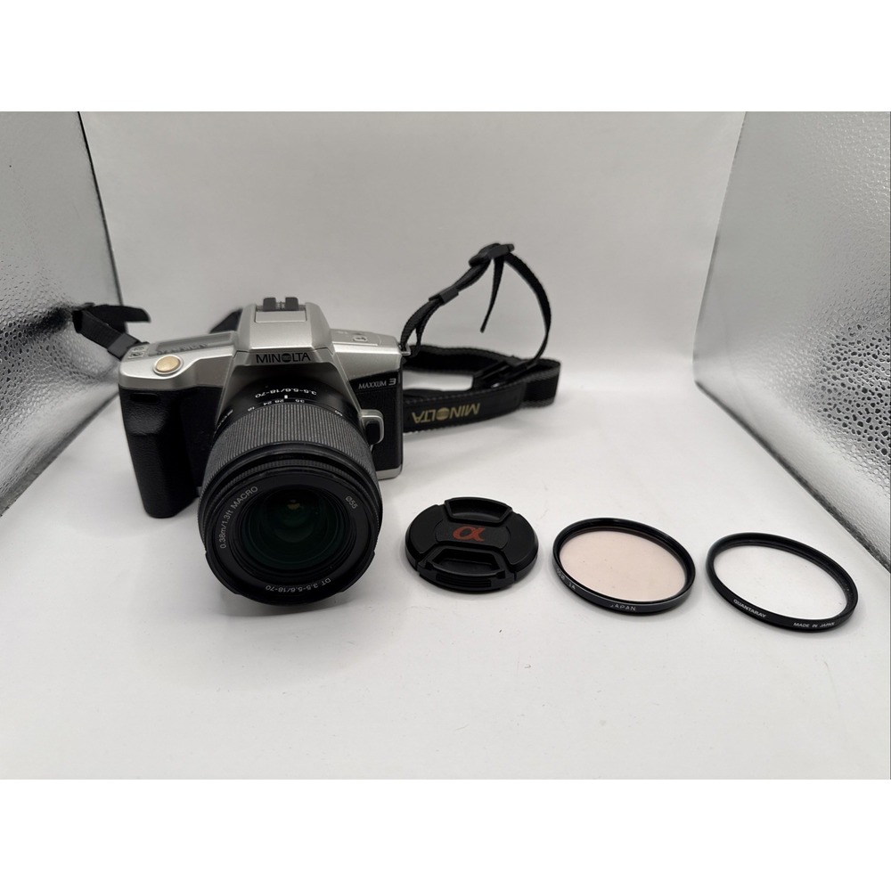 Minolta‎ Maxxum 3 35mm SLR Film Camera w/ Sony 18-70 DT Lens & 2 Filters